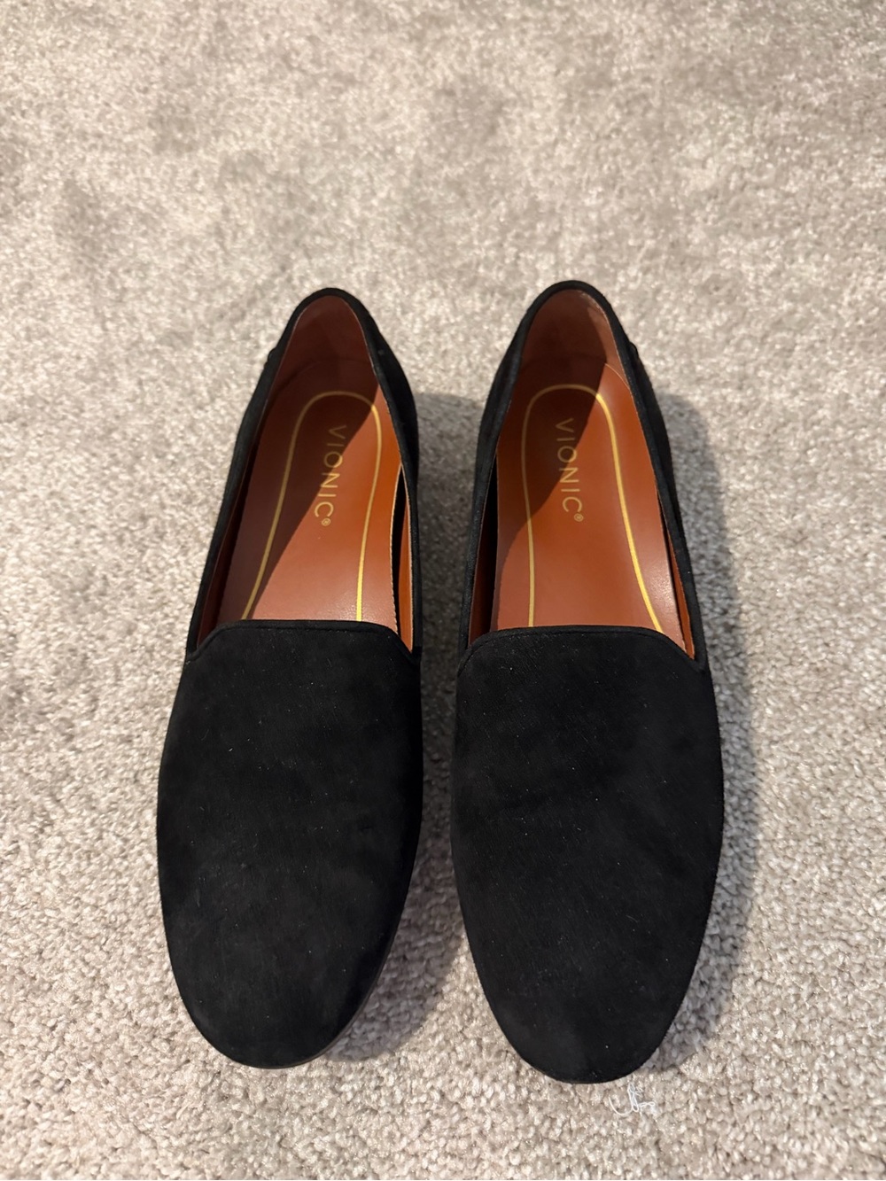Vionic Black Suede Slip-Ons with Tan Insole